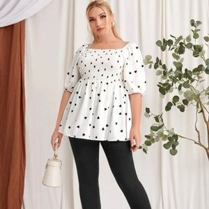Shein- Heart Print Puff Sleeve Shirred Top - Size 0X